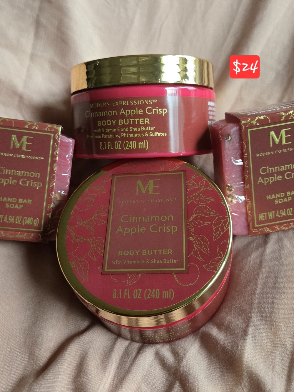 New - Expressions Cinnamon Apple Crisp Body Butter and Hand Soap. Two each.